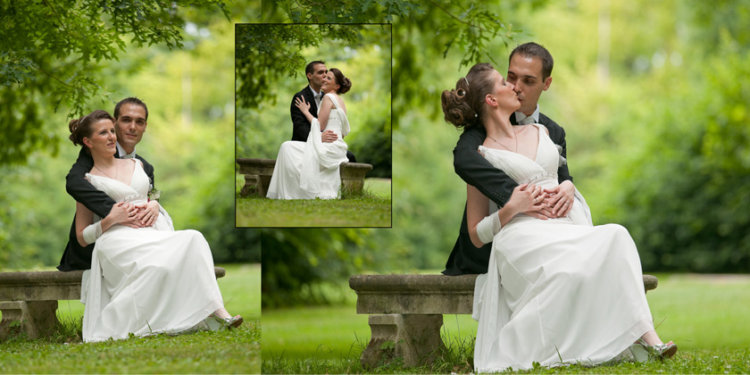 photographie de mariage : couple du pose devant un fond de verdure